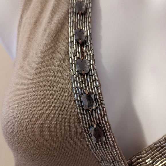 Magaschoni tan beaded neckline silk/cashmere blend tank sweater dress. - Picture 6 of 9